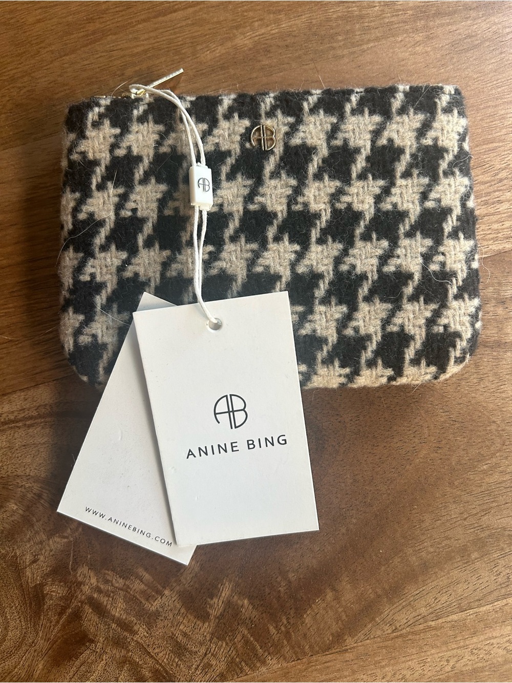 Anine Bing Houndstooth Wool Coin Bag- Black & Cream